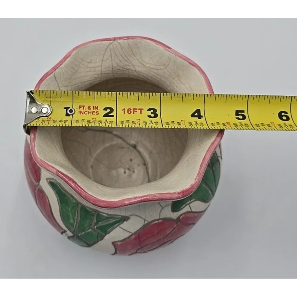 Vintage Rose Floral Ceramic Vase Crackle Glaze Pink Green